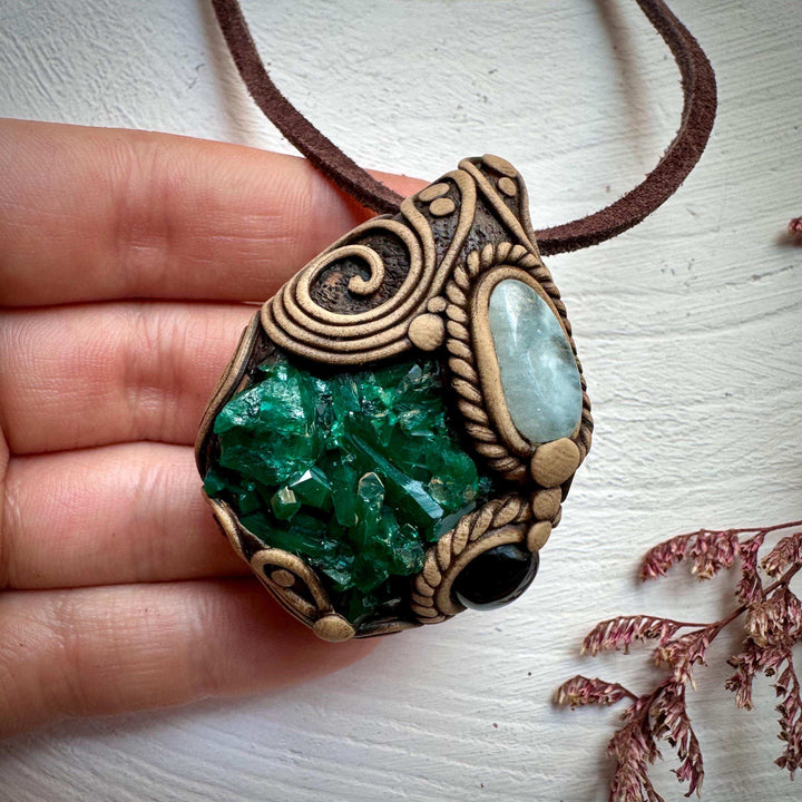 Dioptase Black Onyx and Aquamarine Necklace - FairyGardenGlow
