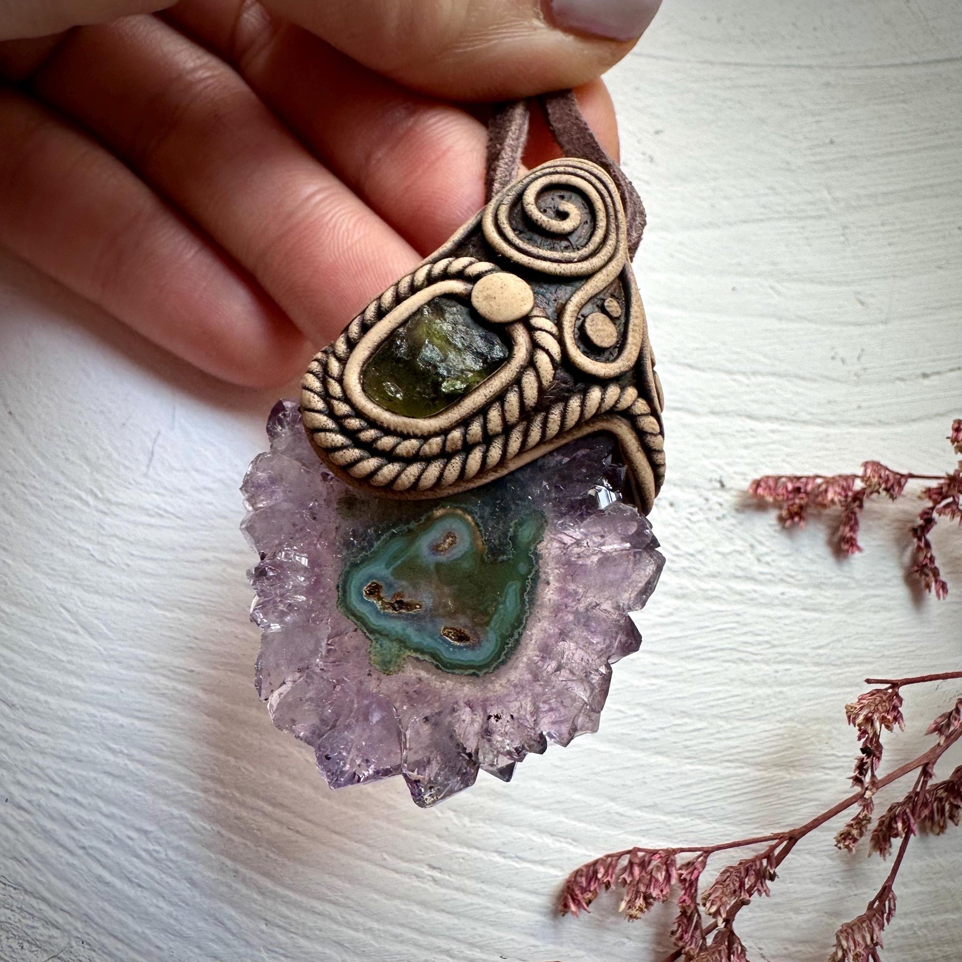 Amethyst Stalactite and Moldavite Necklace - FairyGardenGlow
