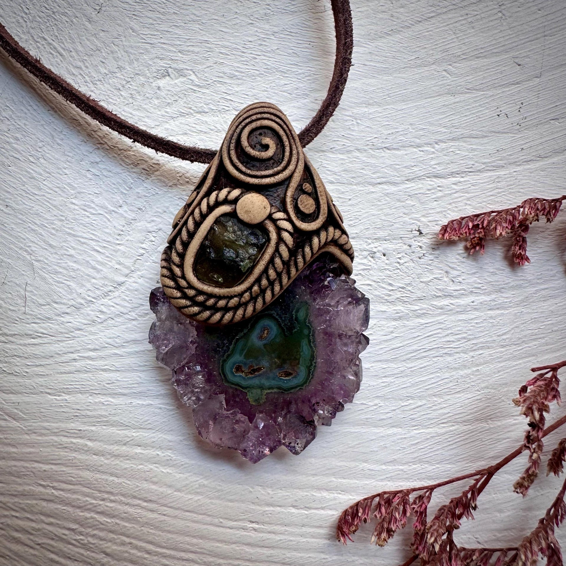 Amethyst Stalactite and Moldavite Necklace - FairyGardenGlow