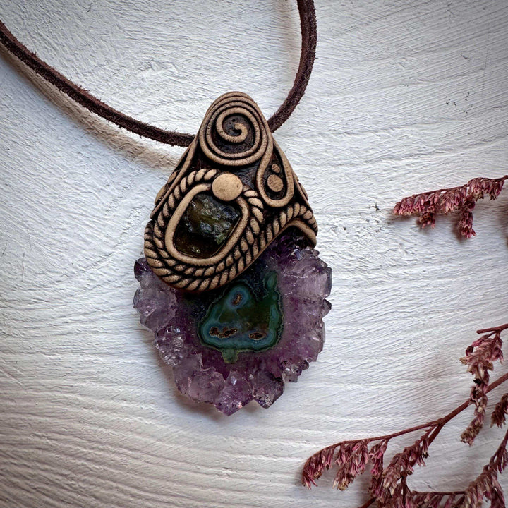 Amethyst Stalactite and Moldavite Necklace - FairyGardenGlow