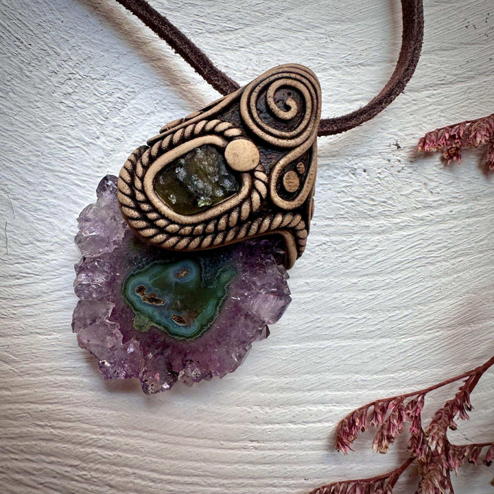 Amethyst Stalactite and Moldavite Necklace - FairyGardenGlow