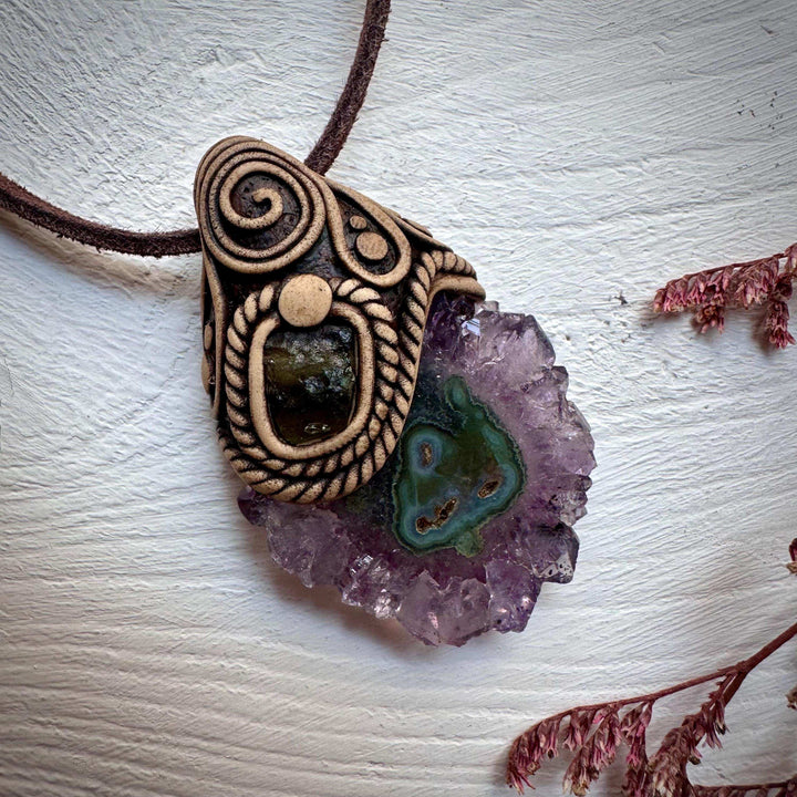 Amethyst Stalactite and Moldavite Necklace - FairyGardenGlow