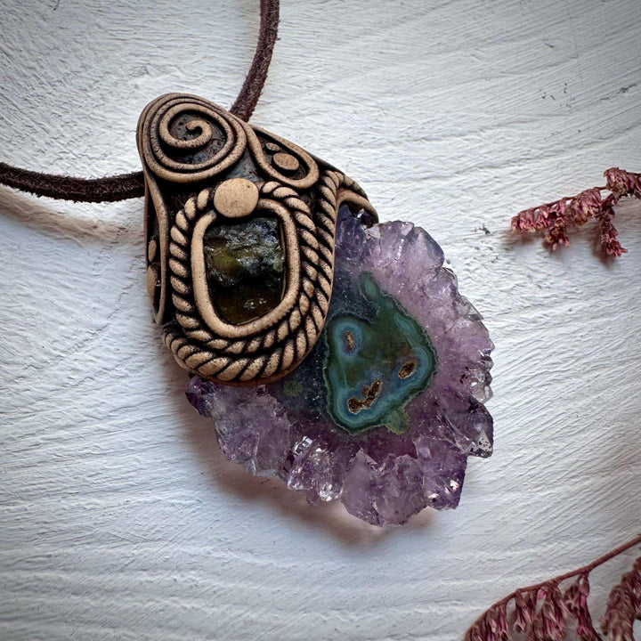 Amethyst Stalactite and Moldavite Necklace - FairyGardenGlow