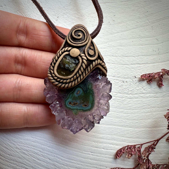 Amethyst Stalactite and Moldavite Necklace - FairyGardenGlow