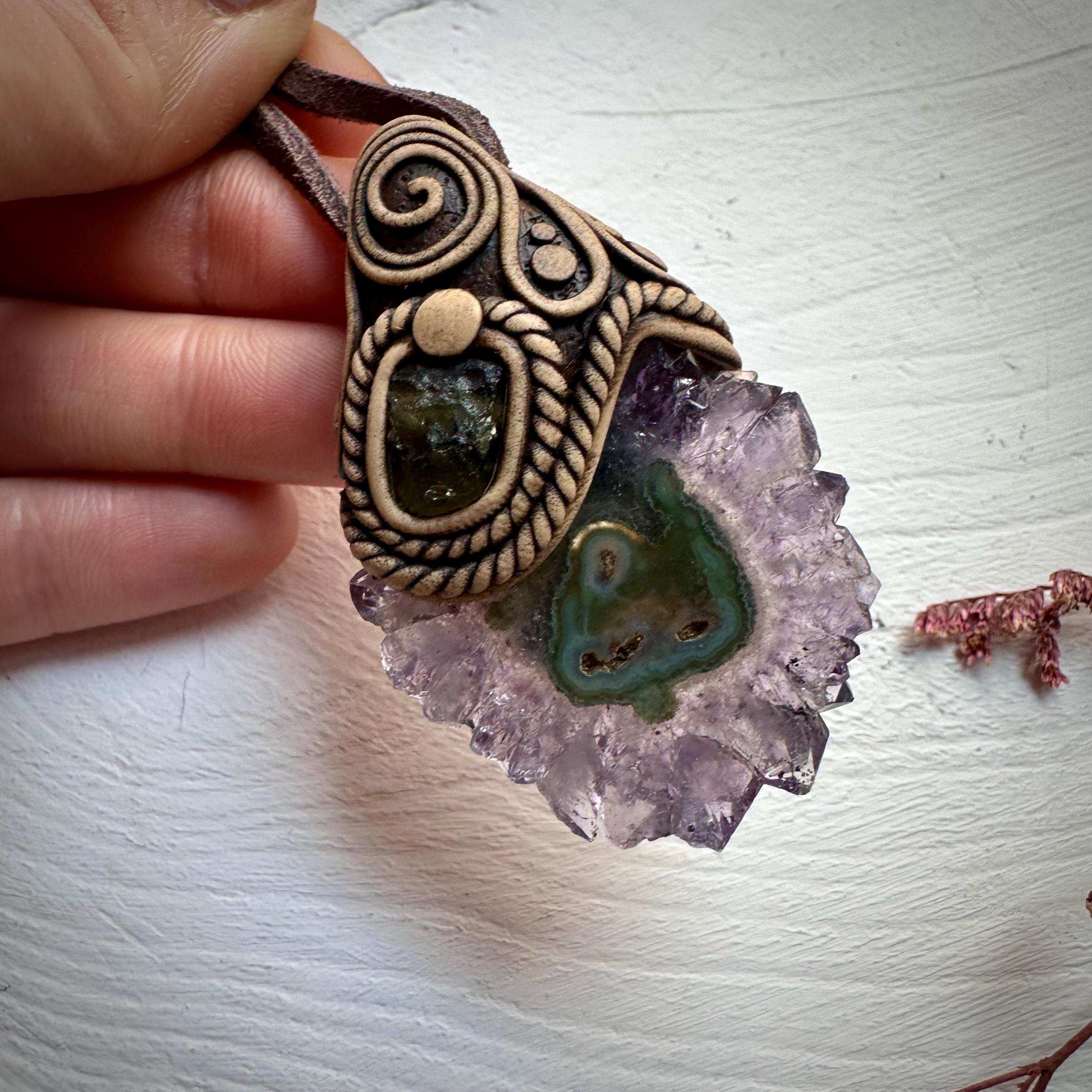Amethyst Stalactite and Moldavite Necklace - FairyGardenGlow