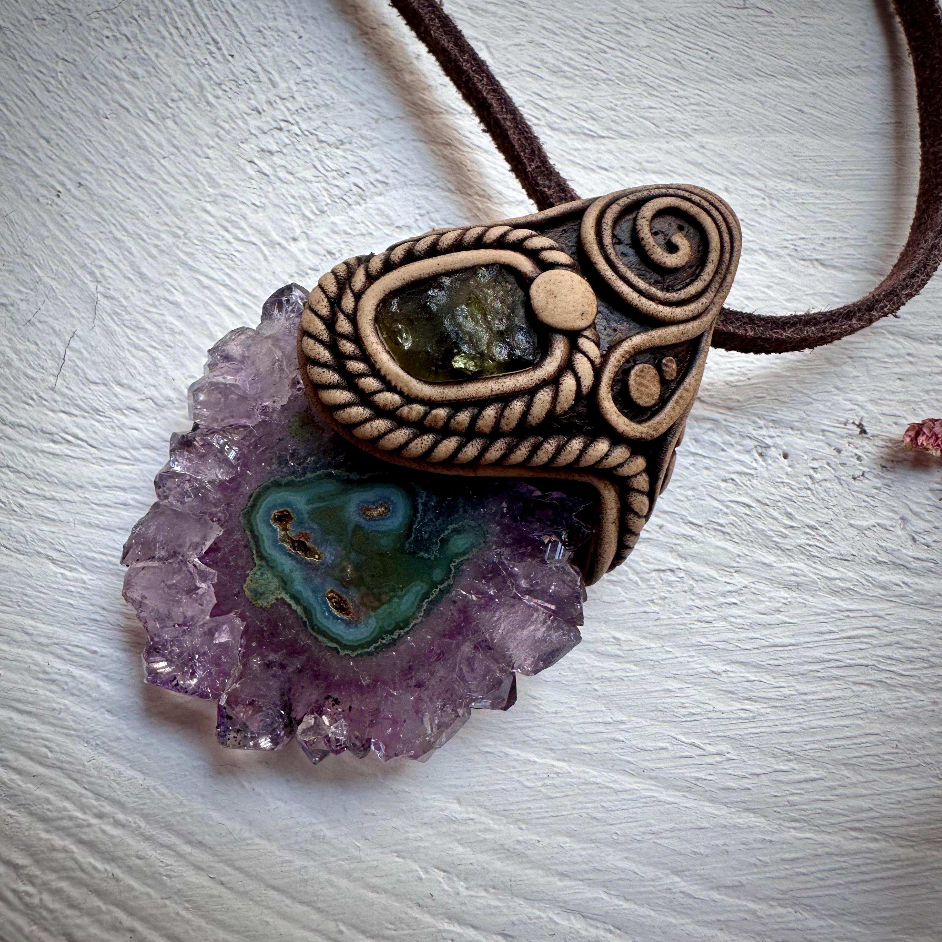 Amethyst Stalactite and Moldavite Necklace - FairyGardenGlow