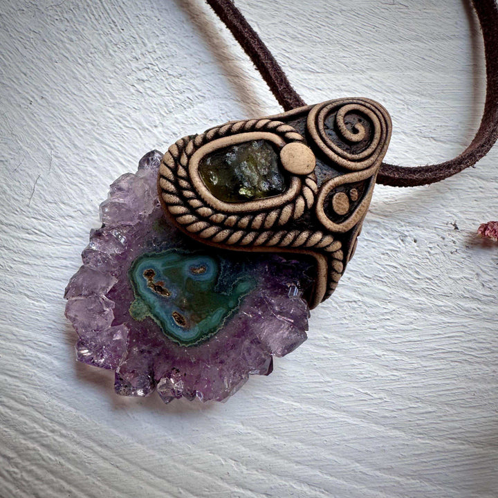 Amethyst Stalactite and Moldavite Necklace - FairyGardenGlow