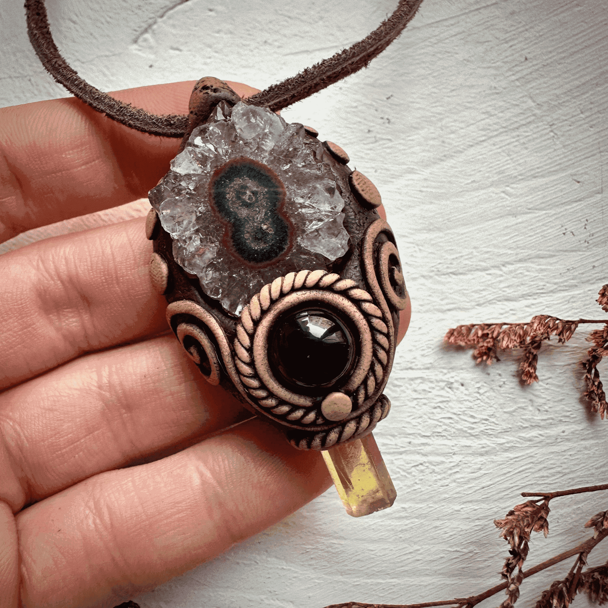 Amethyst Stalactite Heliodor and Black Onyx Necklace - FairyGardenGlow