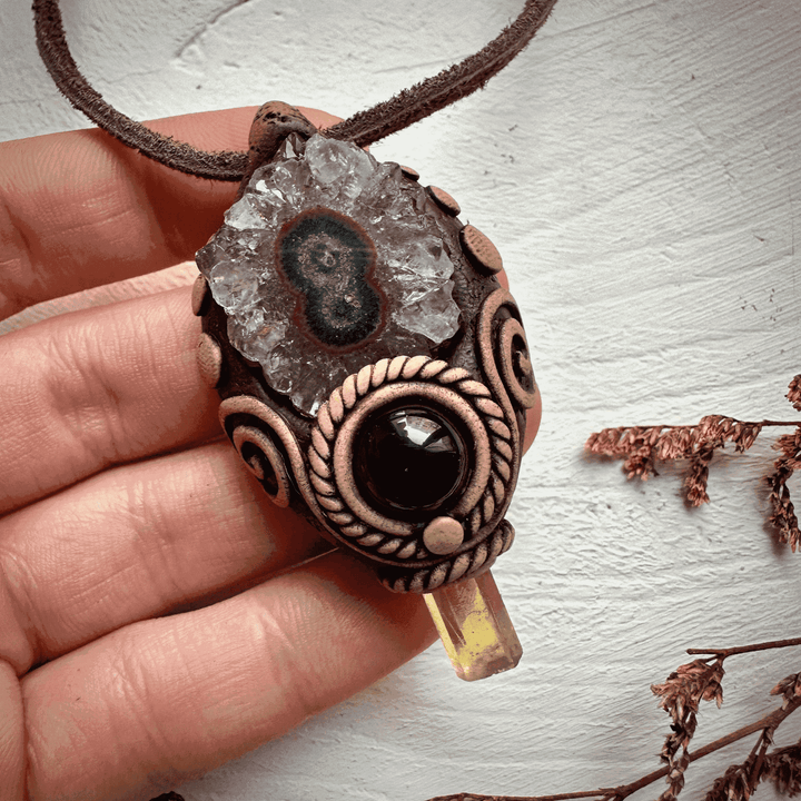 Amethyst Stalactite Heliodor and Black Onyx Necklace - FairyGardenGlow