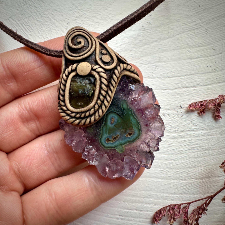 Amethyst Stalactite and Moldavite Necklace - FairyGardenGlow