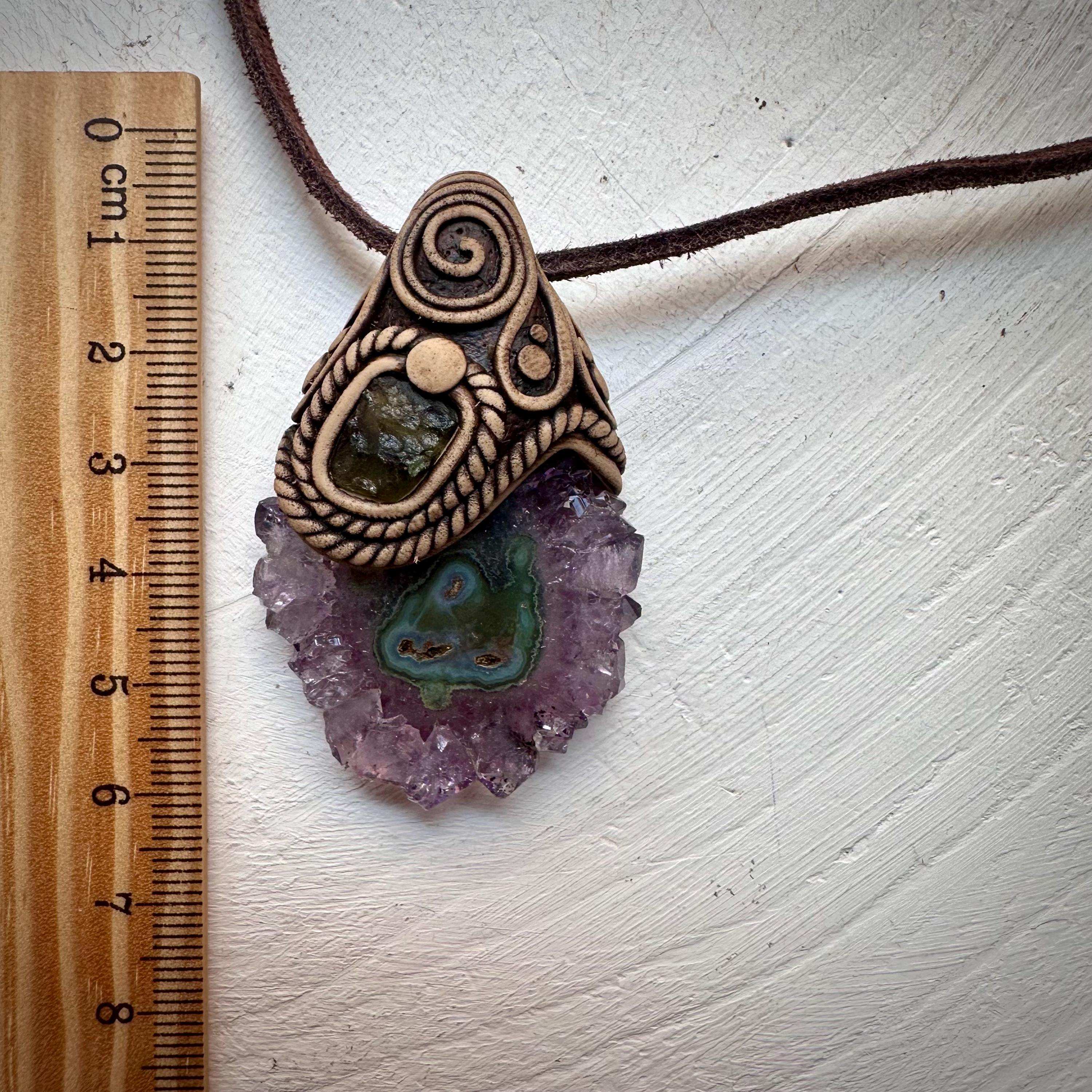 Amethyst Stalactite and Moldavite Necklace - FairyGardenGlow