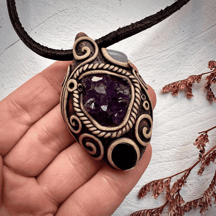 Amethyst Cluster Black Onyx and Aquamarine Pendant Necklace - FairyGardenGlow