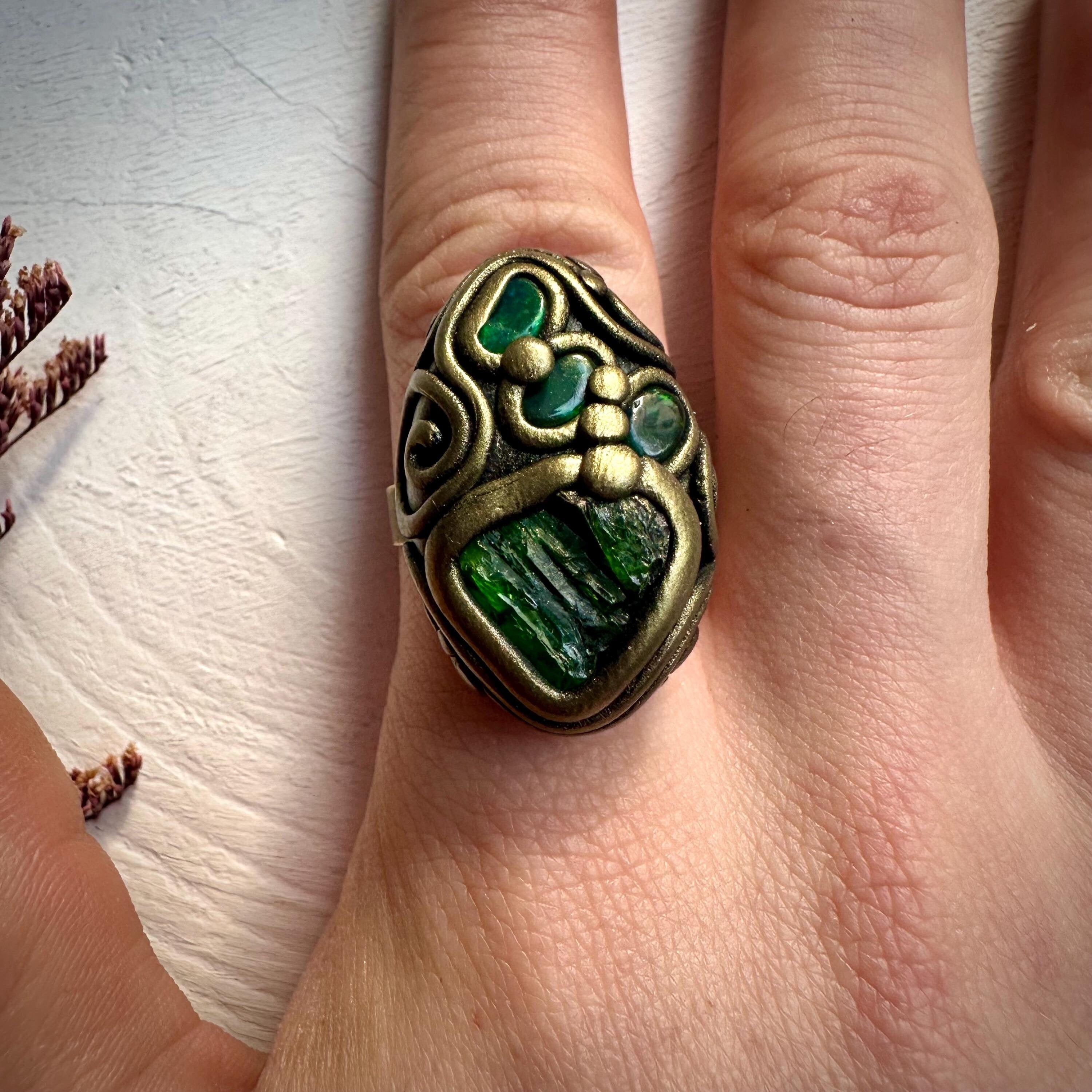 Chrome Diopsite and Black Opal Adjustable Ring - FairyGardenGlow