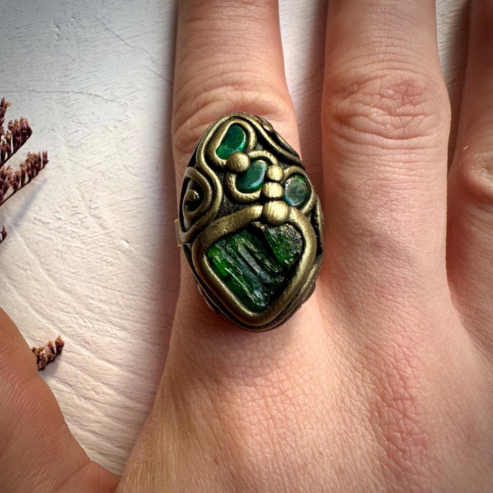 Chrome Diopsite and Black Opal Adjustable Ring - FairyGardenGlow
