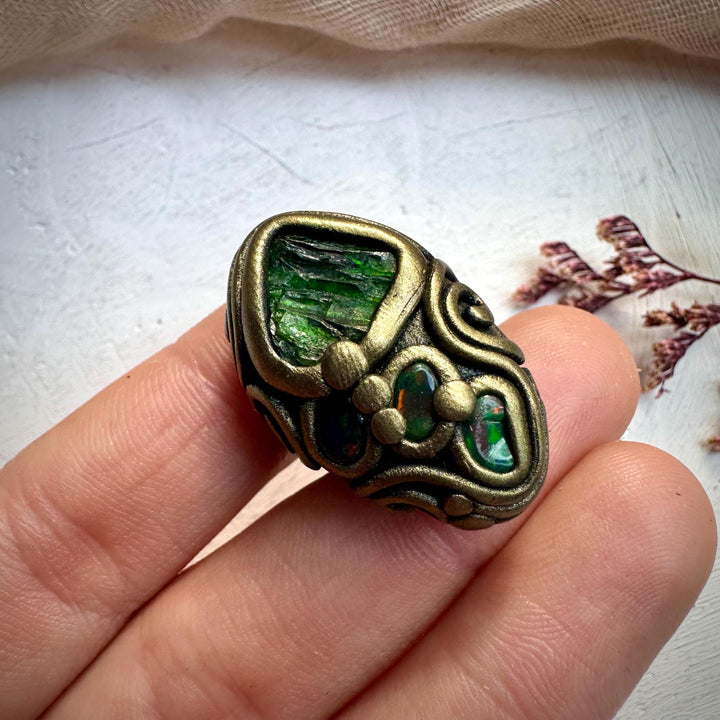 Chrome Diopsite and Black Opal Adjustable Ring - FairyGardenGlow