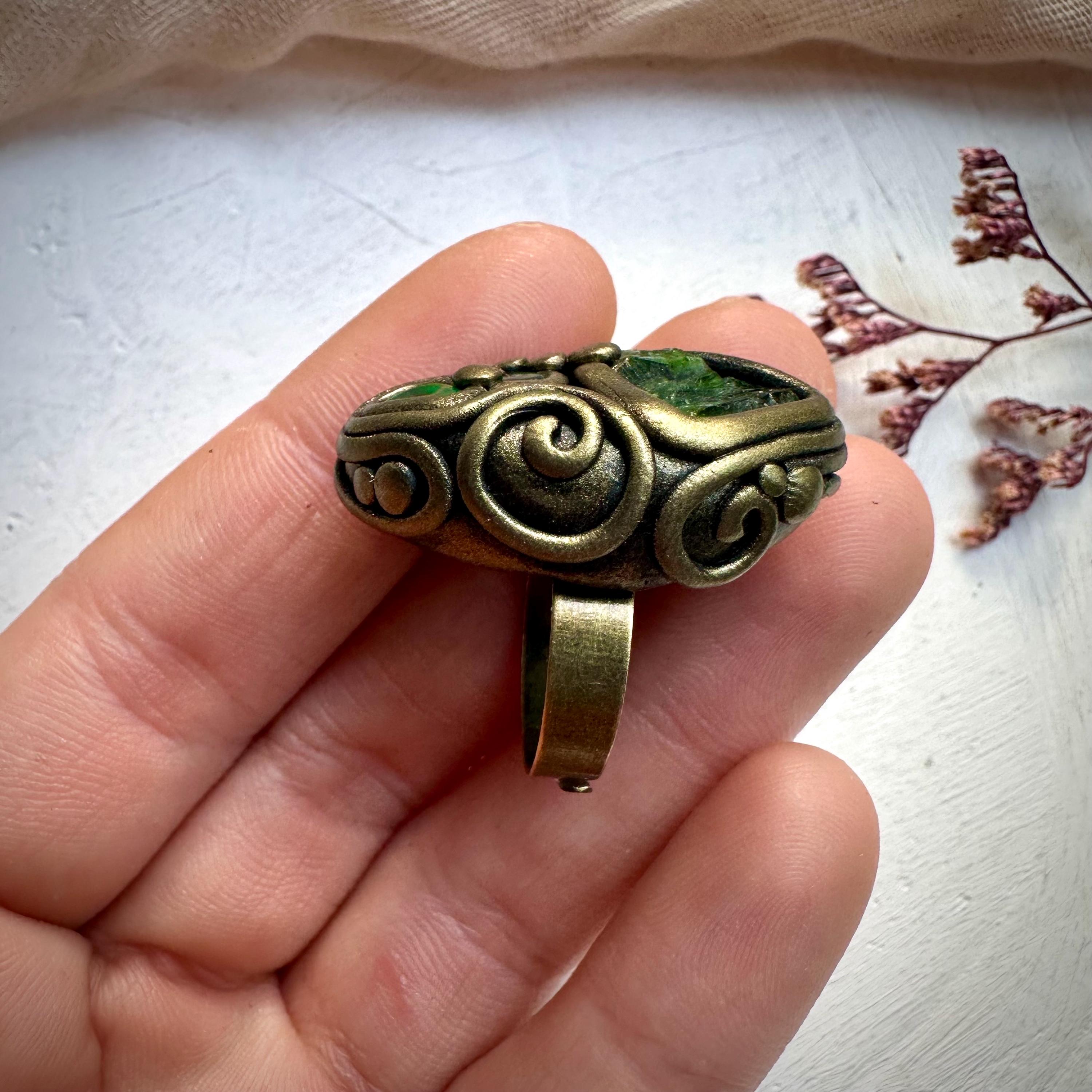 Chrome Diopsite and Black Opal Adjustable Ring - FairyGardenGlow