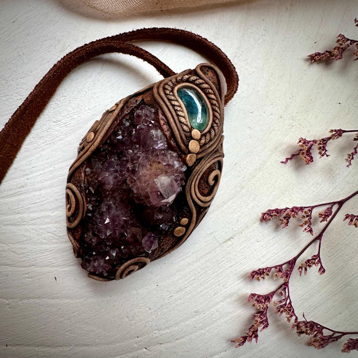 Spirit Quartz Cluster and Blue Tourmaline Necklace - FairyGardenGlow