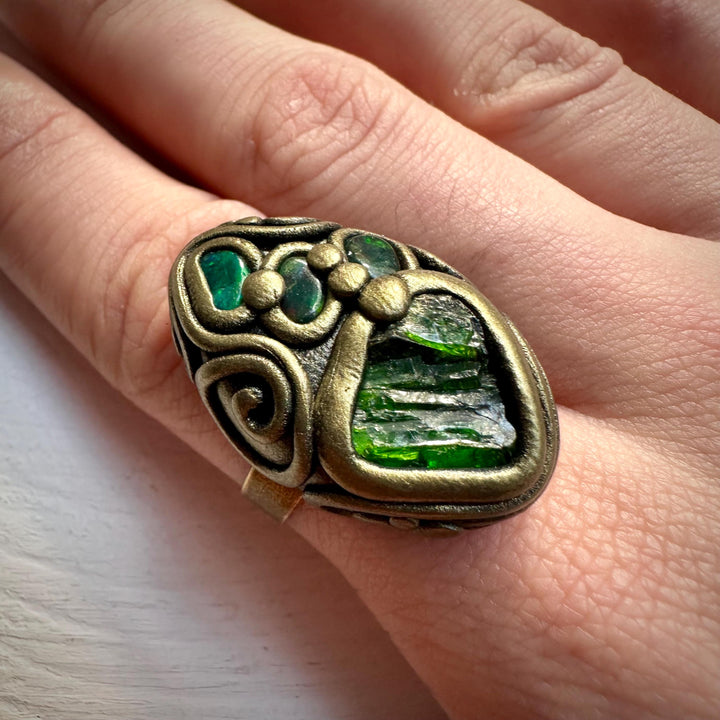 Chrome Diopsite and Black Opal Adjustable Ring - FairyGardenGlow