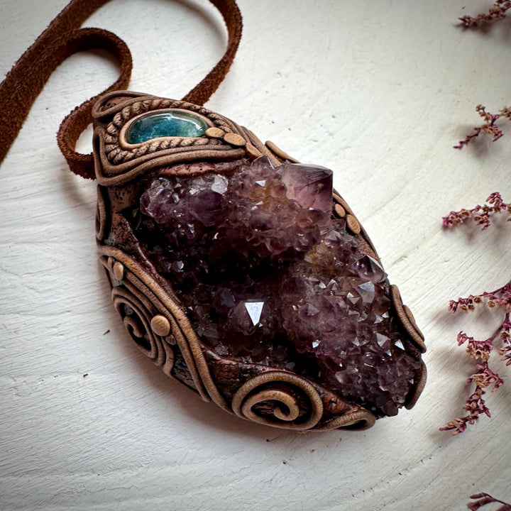 Spirit Quartz Cluster and Blue Tourmaline Necklace - FairyGardenGlow