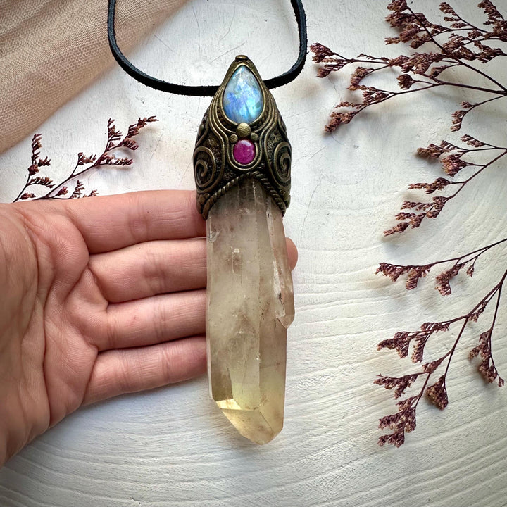 Long Citrine Point Rainbow Moonstone and Ruby Wand / Pendant - FairyGardenGlow