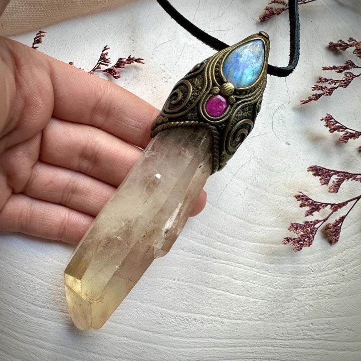 Long Citrine Point Rainbow Moonstone and Ruby Wand / Pendant - FairyGardenGlow