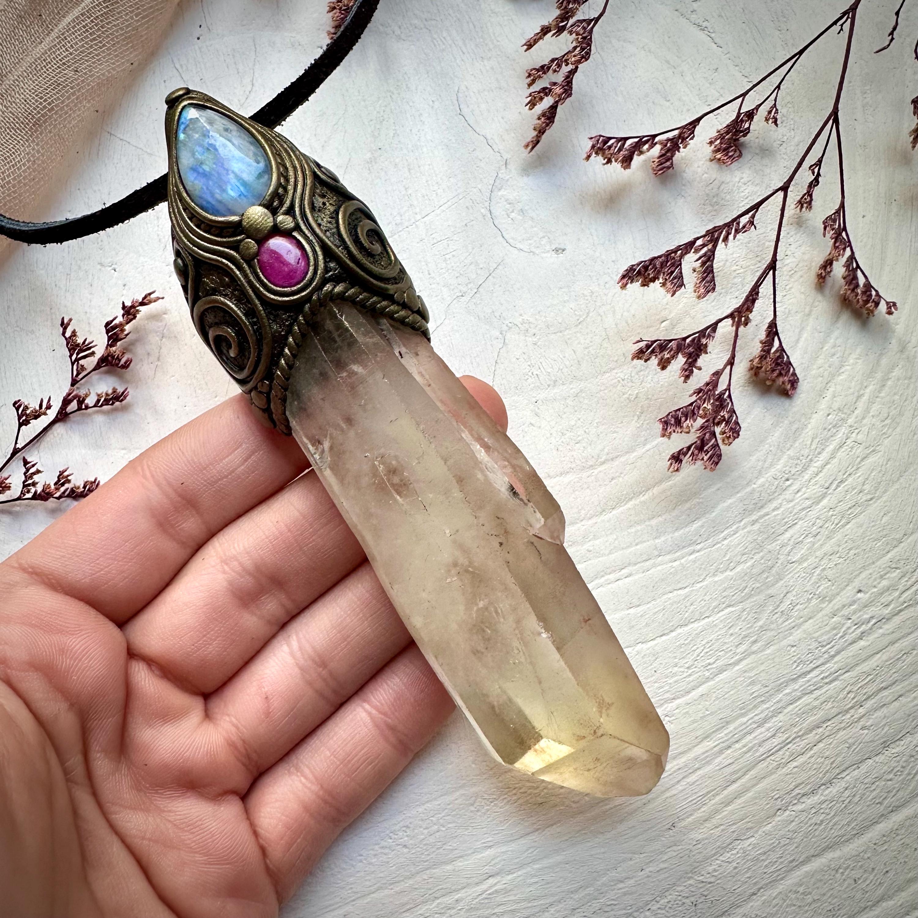 Long Citrine Point Rainbow Moonstone and Ruby Wand / Pendant - FairyGardenGlow