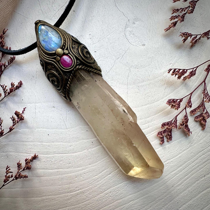 Long Citrine Point Rainbow Moonstone and Ruby Wand / Pendant - FairyGardenGlow