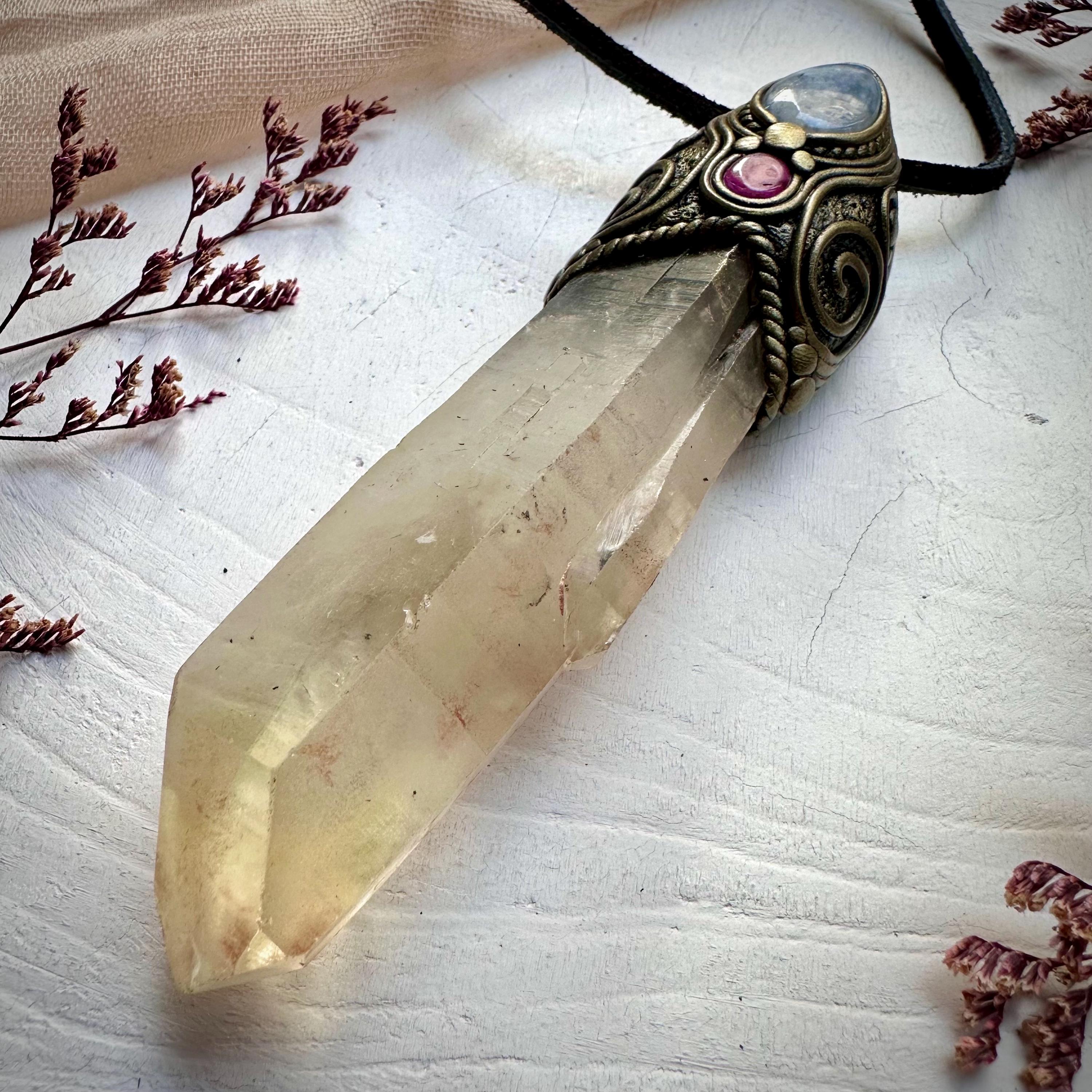 Long Citrine Point Rainbow Moonstone and Ruby Wand / Pendant - FairyGardenGlow
