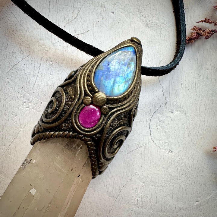 Long Citrine Point Rainbow Moonstone and Ruby Wand / Pendant - FairyGardenGlow