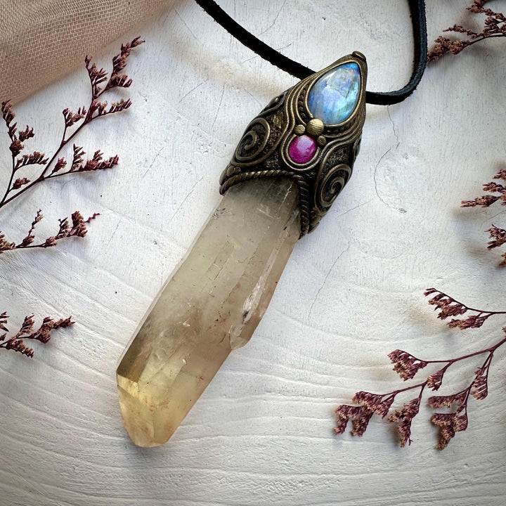 Long Citrine Point Rainbow Moonstone and Ruby Wand / Pendant - FairyGardenGlow