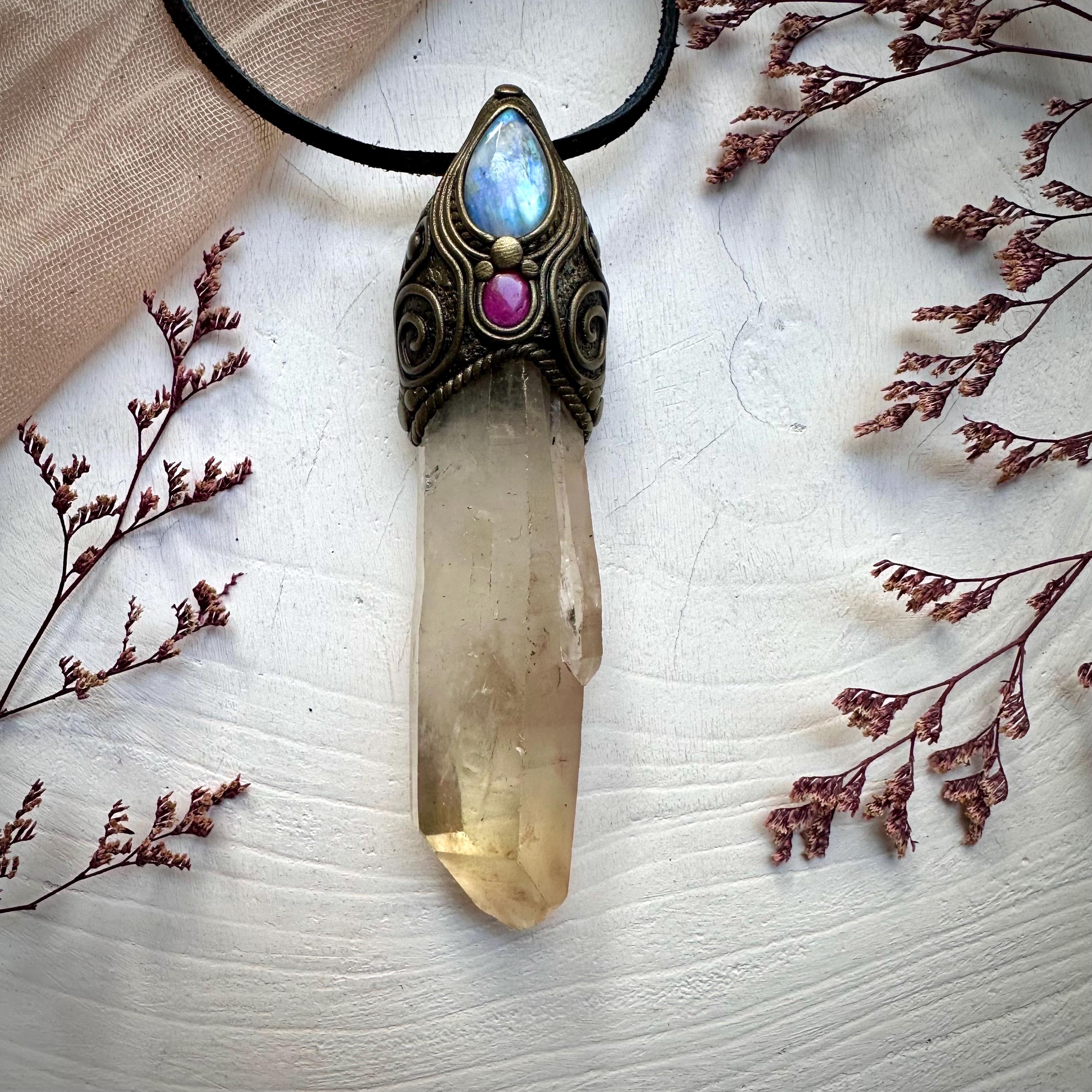 Long Citrine Point Rainbow Moonstone and Ruby Wand / Pendant - FairyGardenGlow