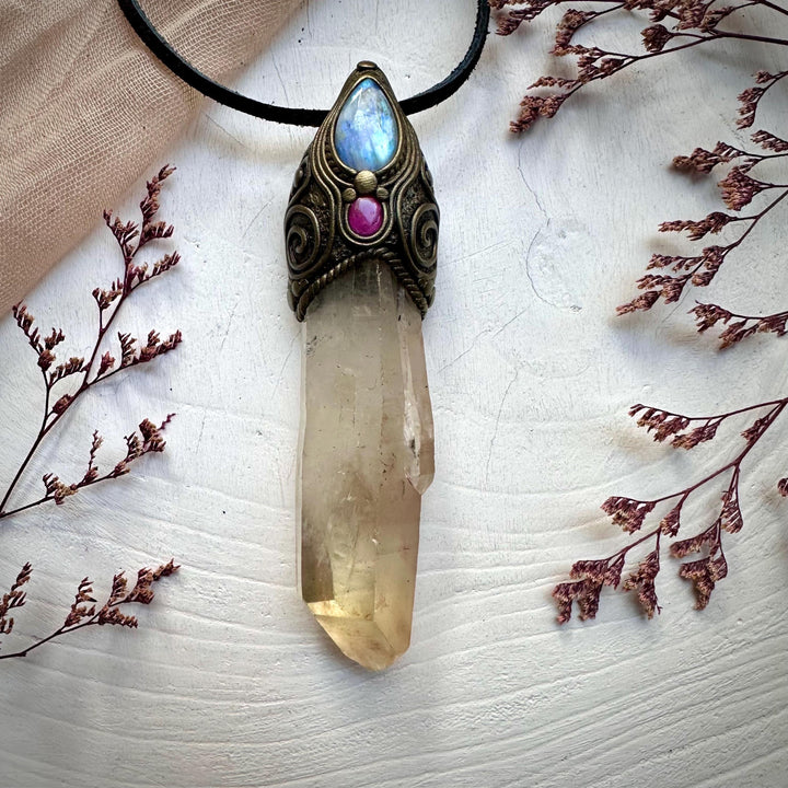 Long Citrine Point Rainbow Moonstone and Ruby Wand / Pendant - FairyGardenGlow