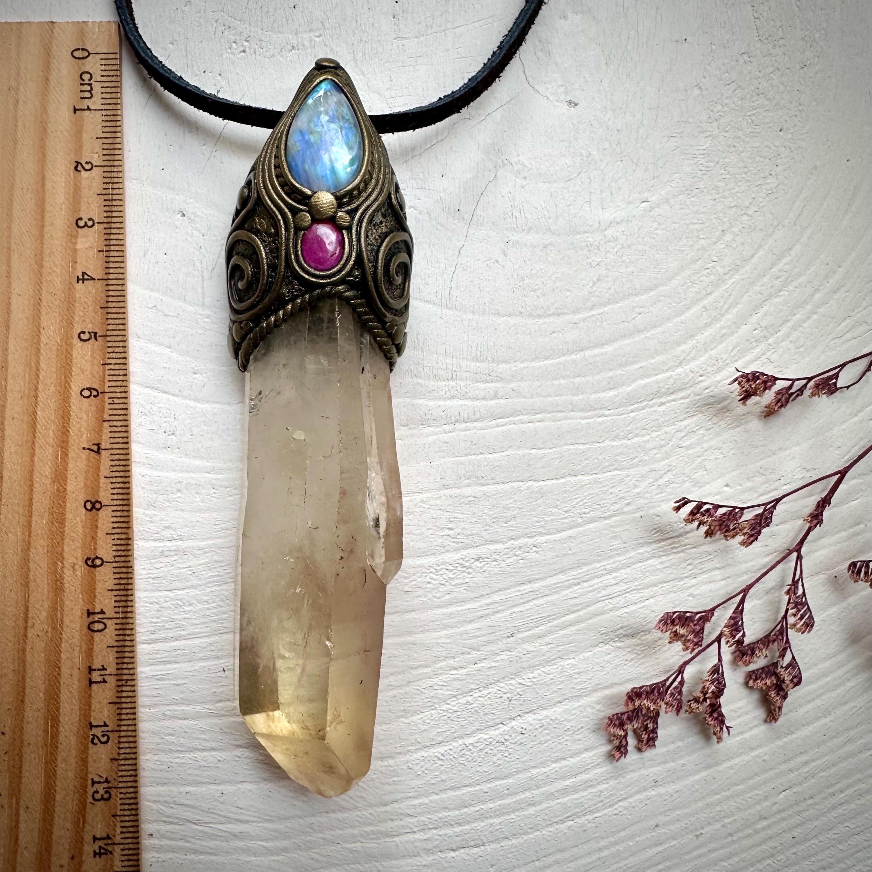 Long Citrine Point Rainbow Moonstone and Ruby Wand / Pendant - FairyGardenGlow
