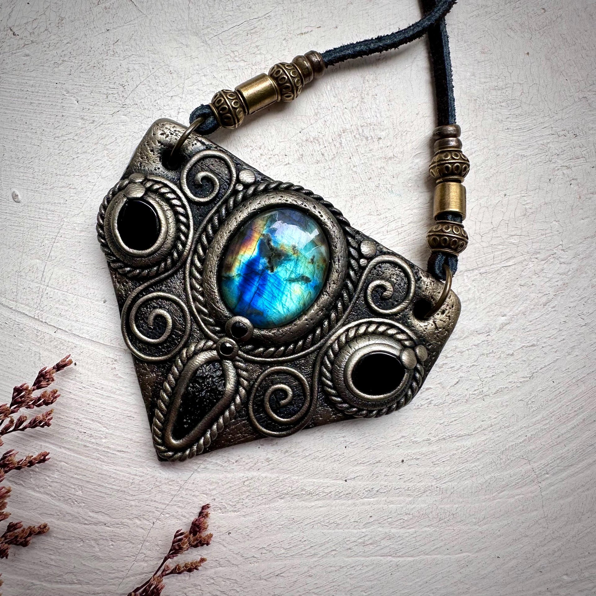 Labradorite Moldavite Black Onyx and Blue Sapphire Necklace - FairyGardenGlow