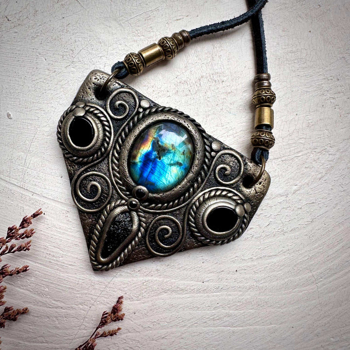 Labradorite Moldavite Black Onyx and Blue Sapphire Necklace - FairyGardenGlow