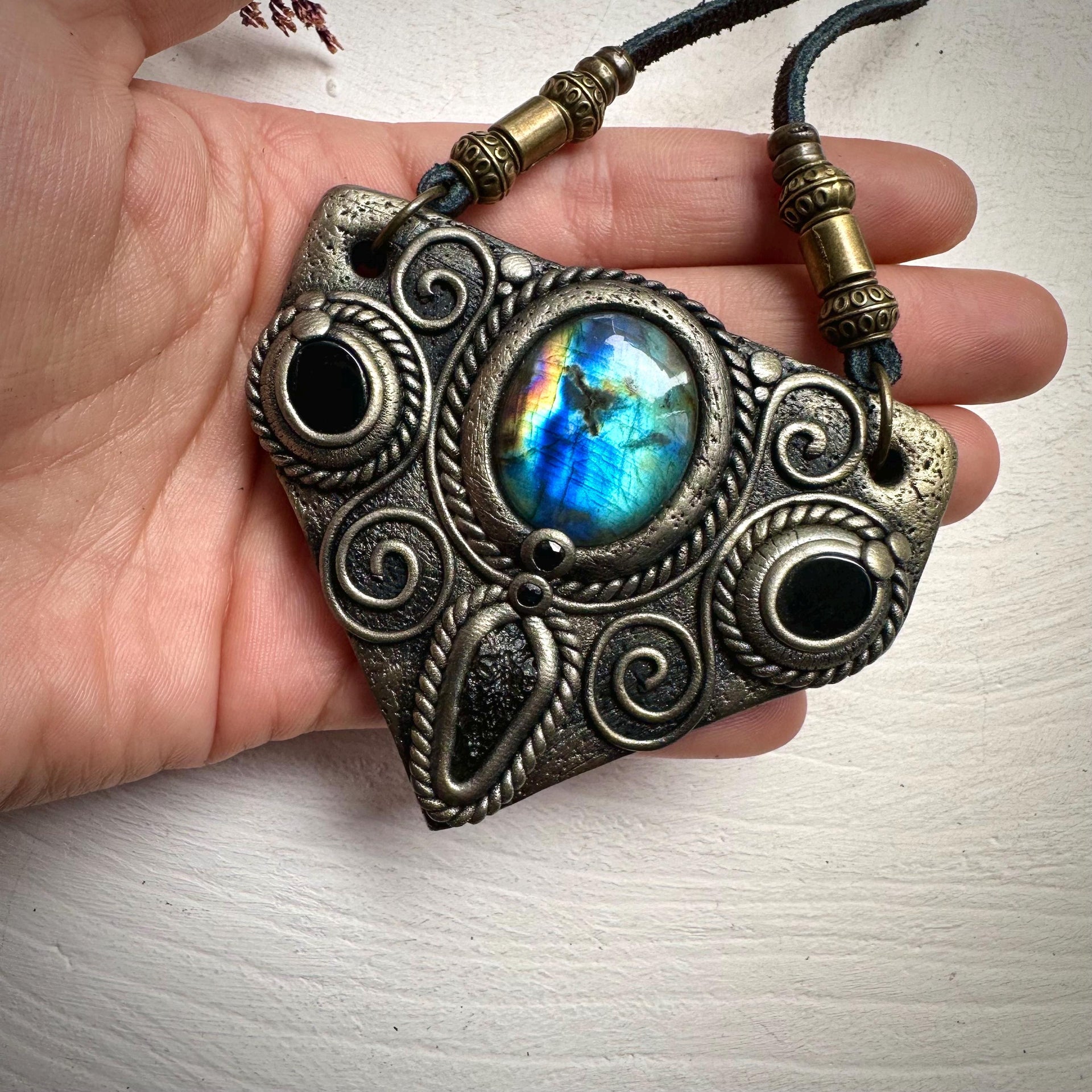 Labradorite Moldavite Black Onyx and Blue Sapphire Necklace - FairyGardenGlow
