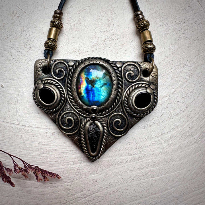 Labradorite Moldavite Black Onyx and Blue Sapphire Necklace - FairyGardenGlow