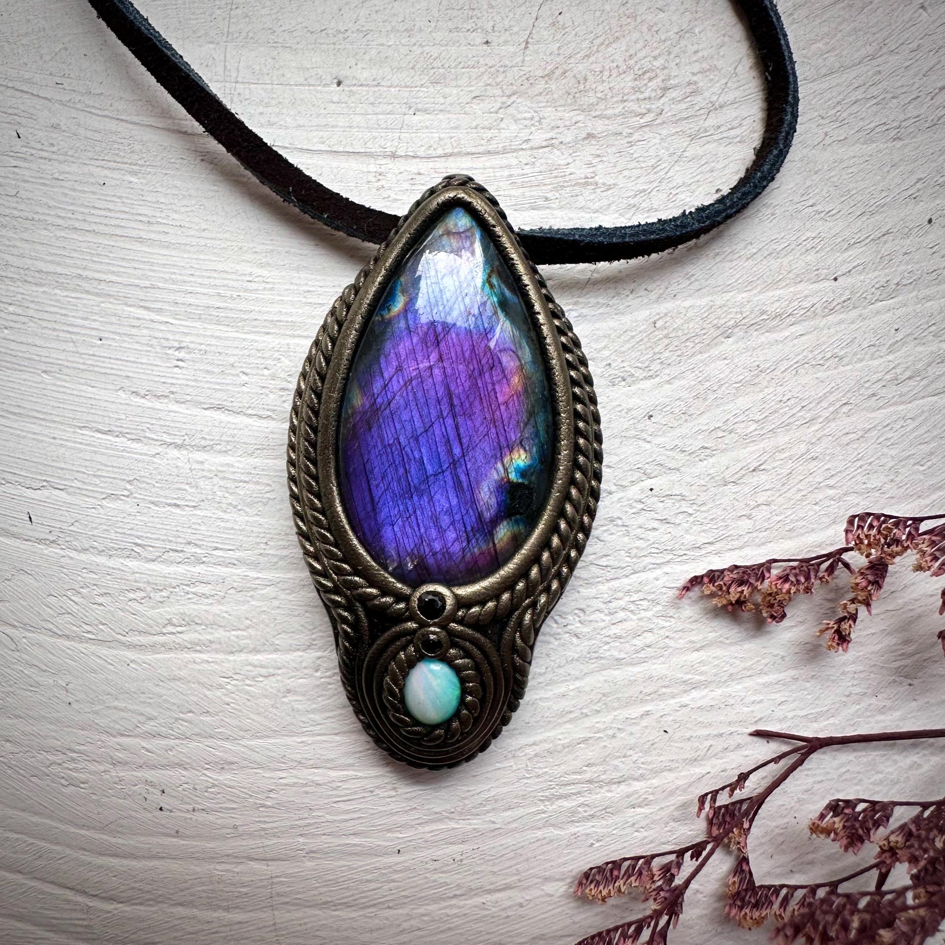Labradorite Australian Opal and Blue Sapphire Necklace - FairyGardenGlow