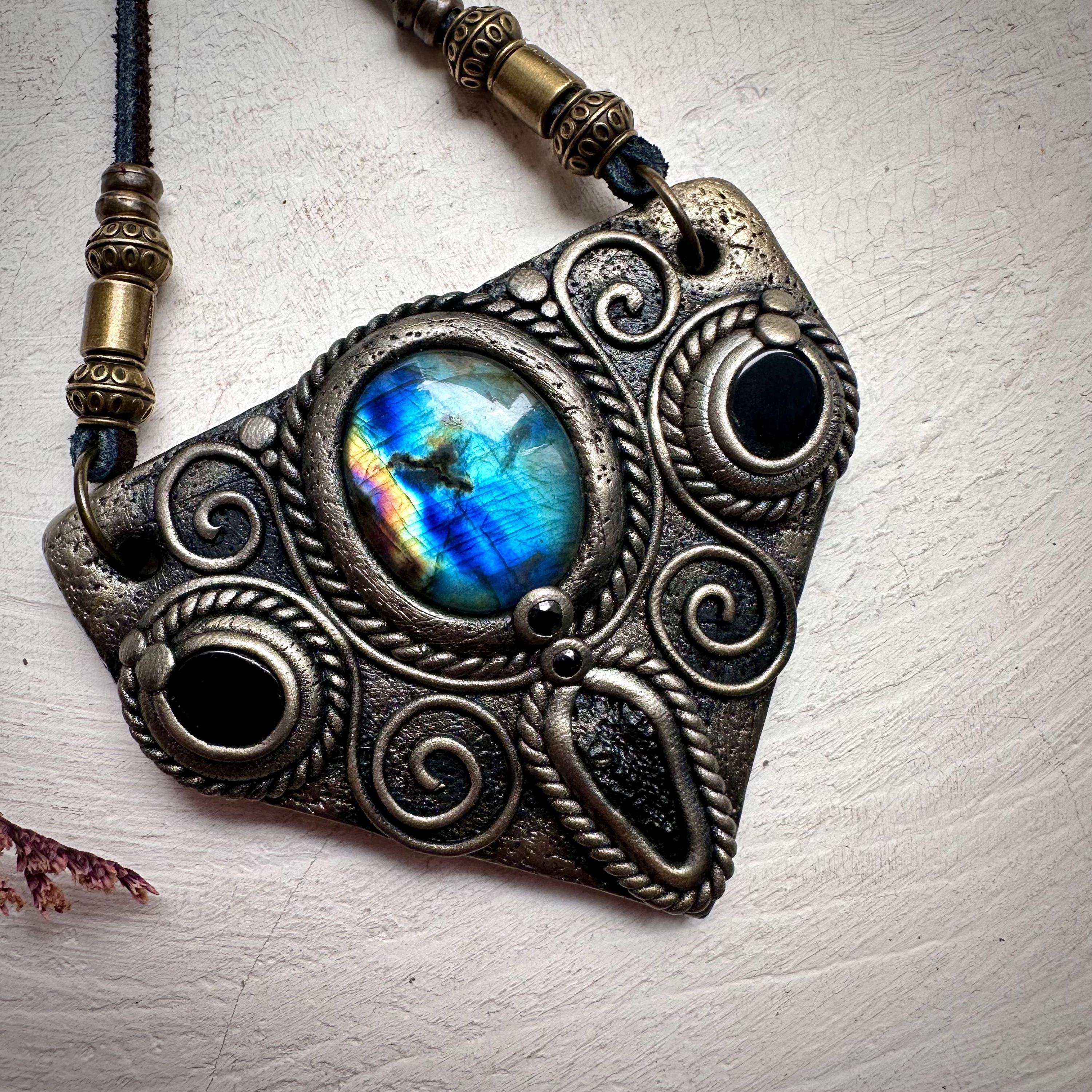 Labradorite Moldavite Black Onyx and Blue Sapphire Necklace - FairyGardenGlow