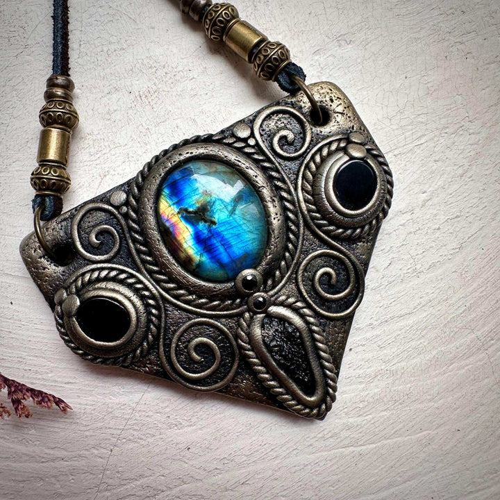 Labradorite Moldavite Black Onyx and Blue Sapphire Necklace - FairyGardenGlow