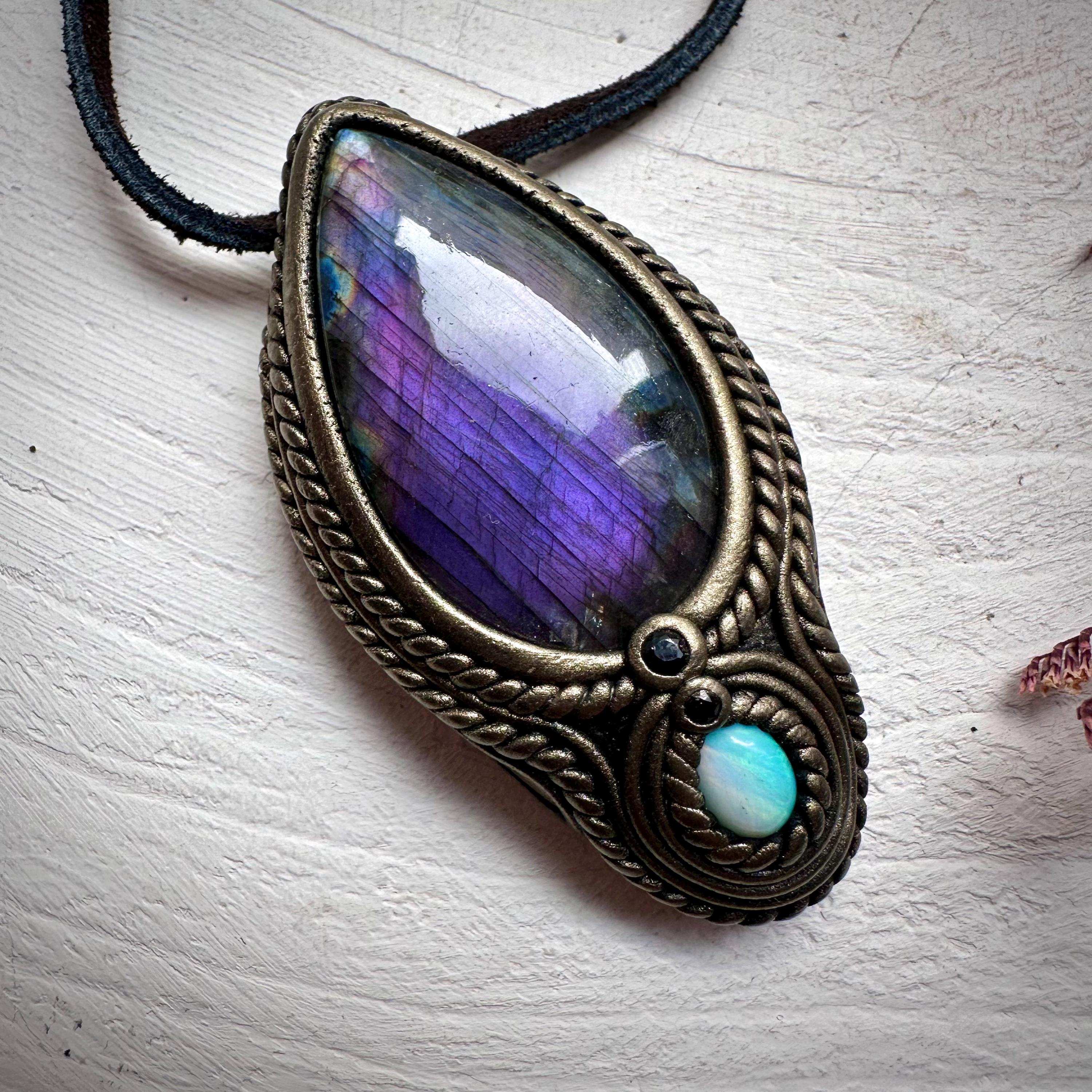 Labradorite Australian Opal and Blue Sapphire Necklace - FairyGardenGlow