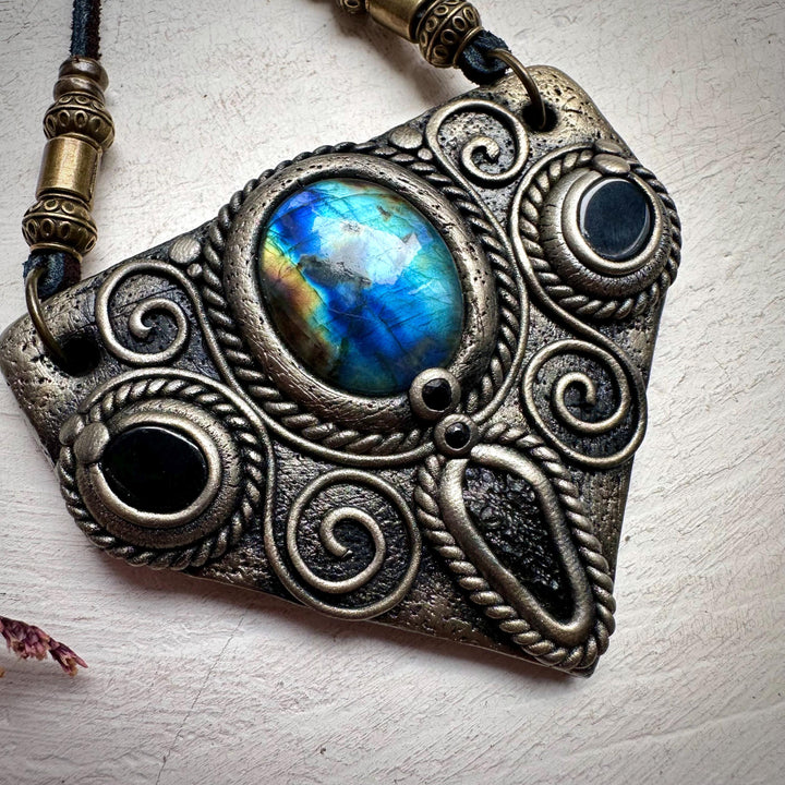 Labradorite Moldavite Black Onyx and Blue Sapphire Necklace - FairyGardenGlow