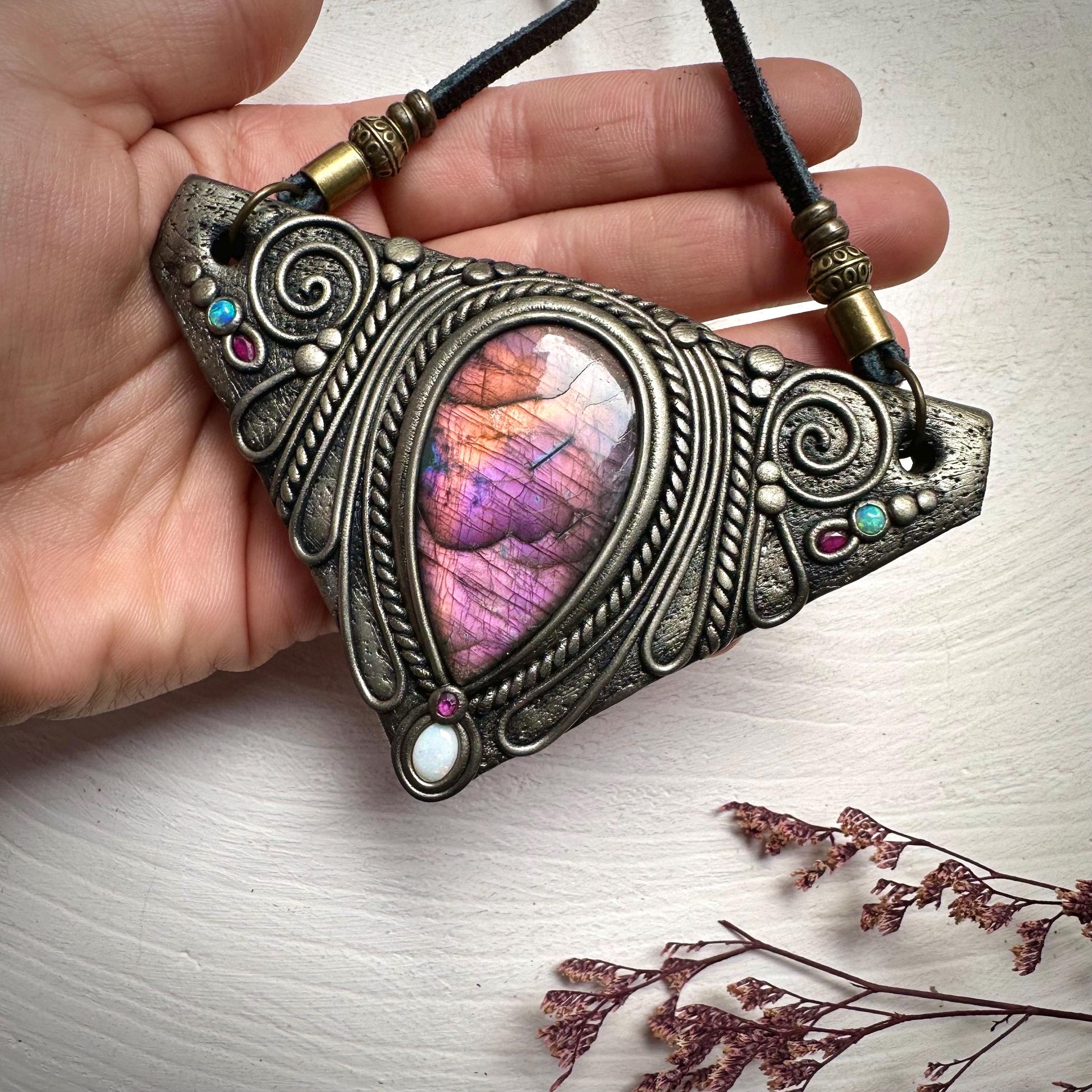 Labradorite Australian Opal and Ruby Necklace - FairyGardenGlow