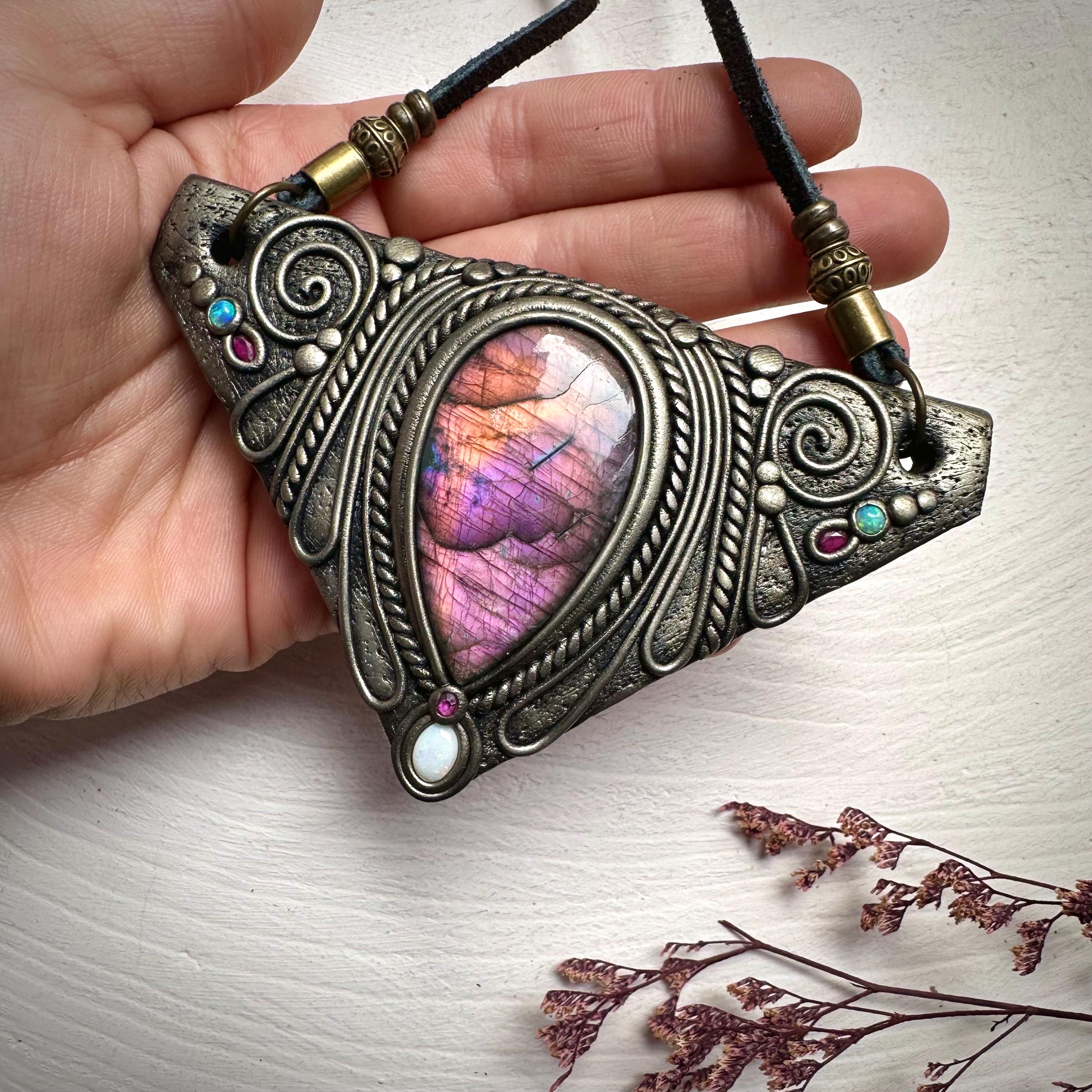Labradorite Australian Opal and Ruby Necklace - FairyGardenGlow