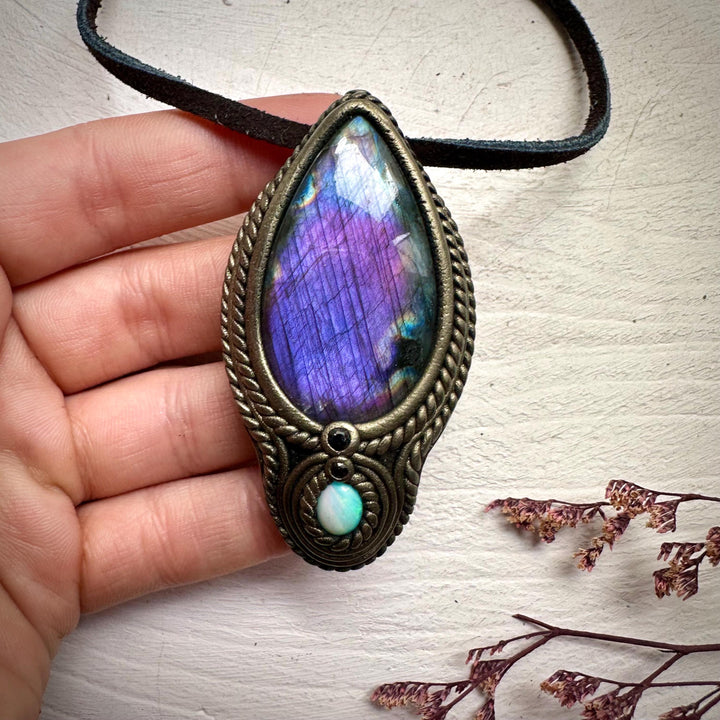 Labradorite Australian Opal and Blue Sapphire Necklace - FairyGardenGlow