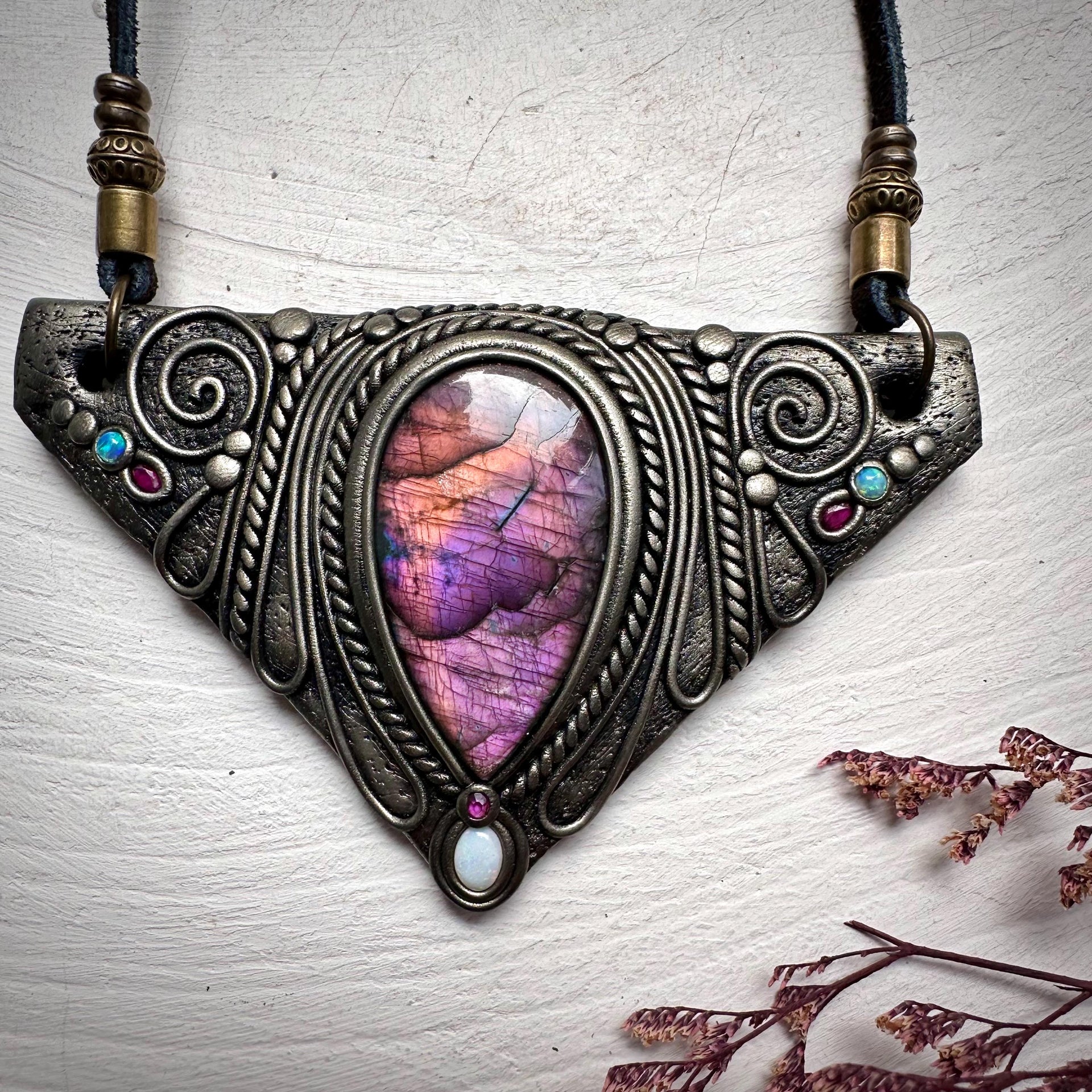 Labradorite Australian Opal and Ruby Necklace - FairyGardenGlow