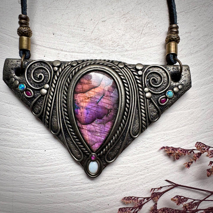 Labradorite Australian Opal and Ruby Necklace - FairyGardenGlow