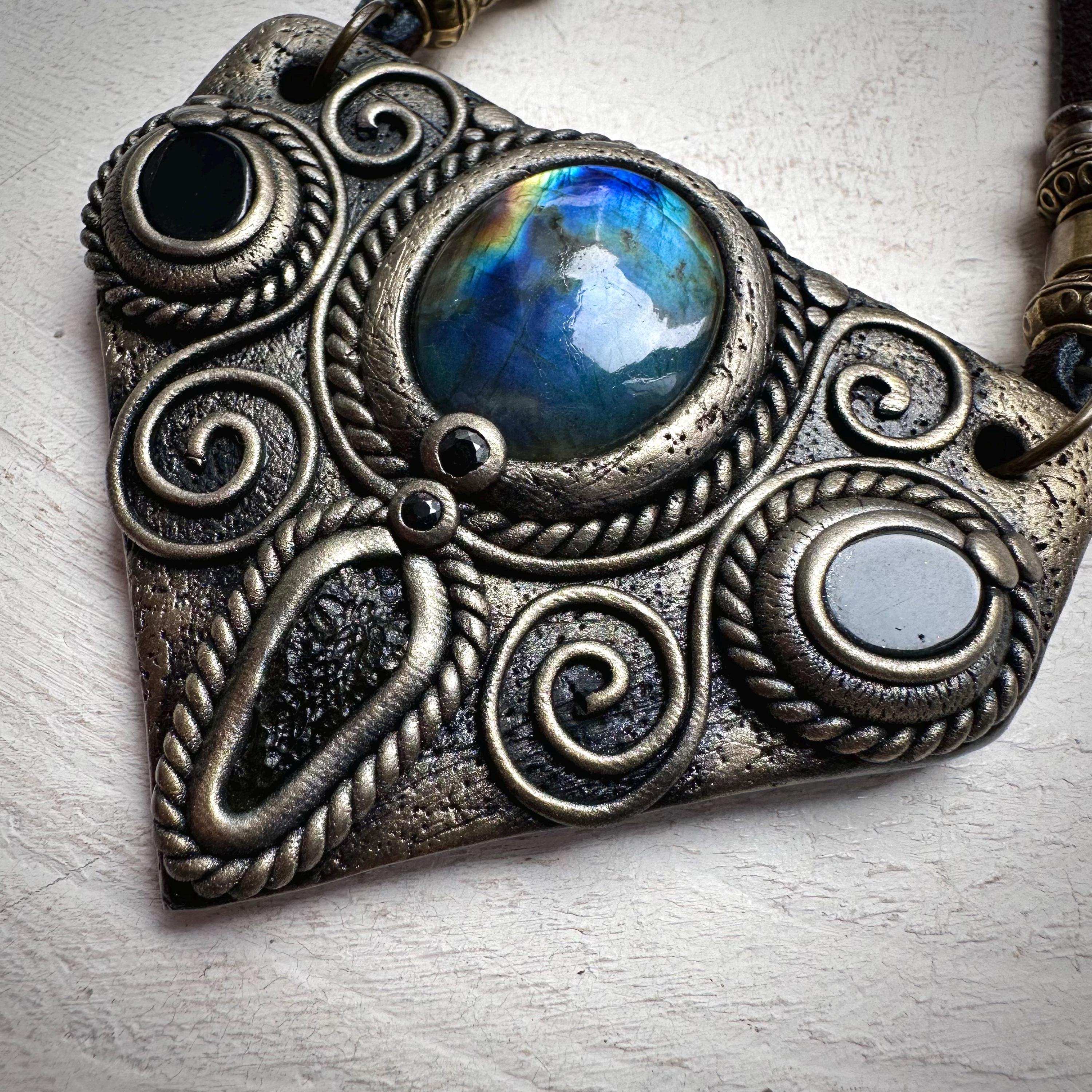 Labradorite Moldavite Black Onyx and Blue Sapphire Necklace - FairyGardenGlow