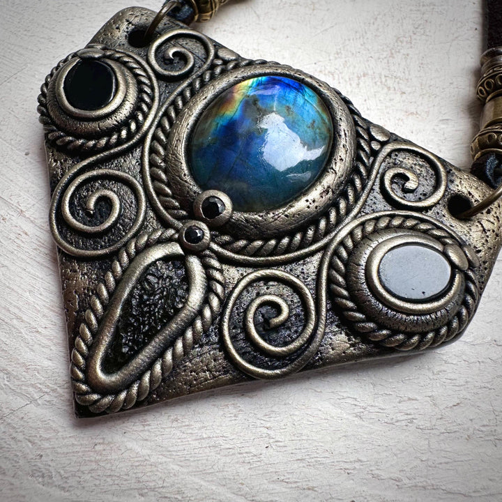 Labradorite Moldavite Black Onyx and Blue Sapphire Necklace - FairyGardenGlow