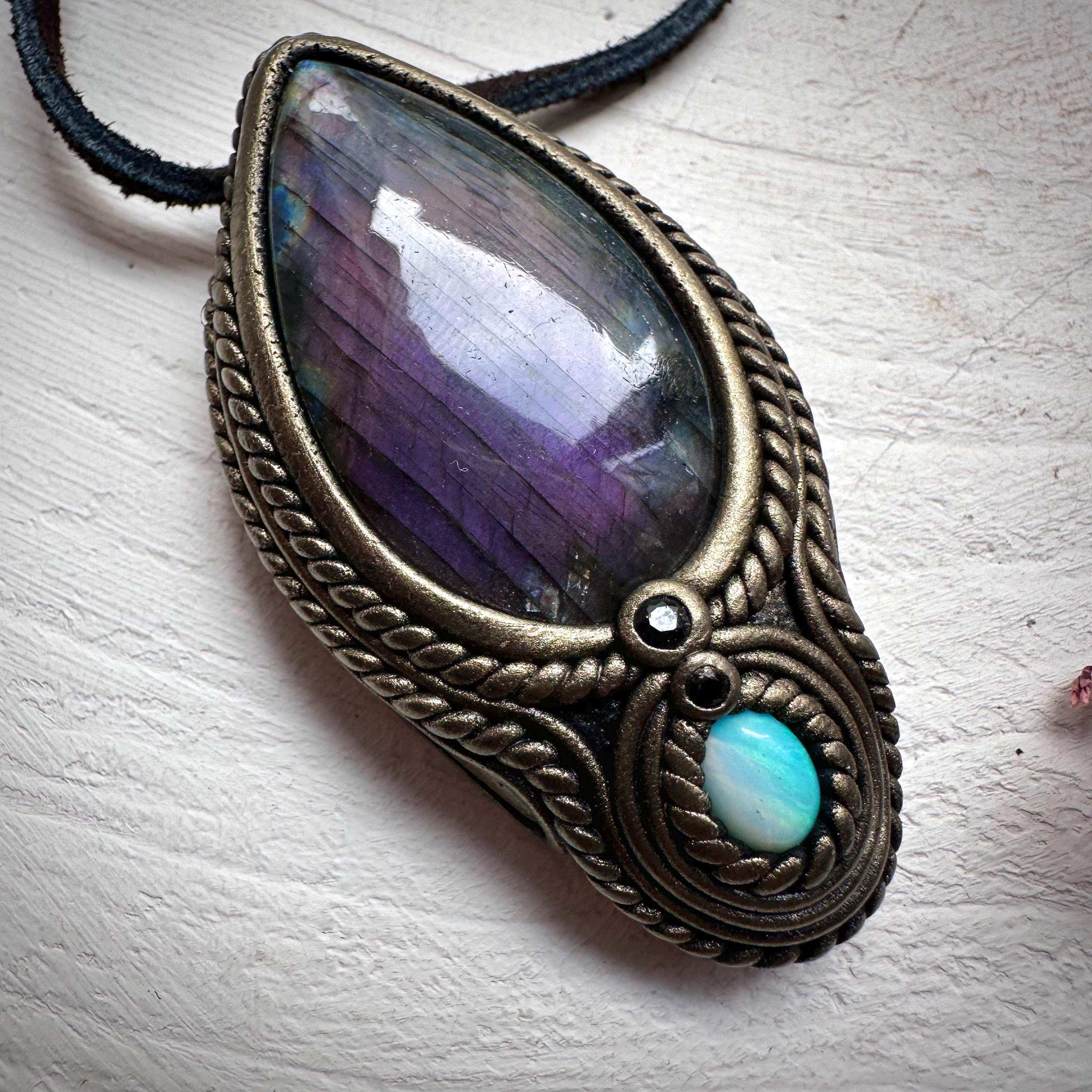 Labradorite Australian Opal and Blue Sapphire Necklace - FairyGardenGlow
